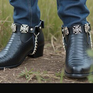 Men Western 2 Boots Straps Silver Metal Chain Cross Charms Motorcycle Accessory
